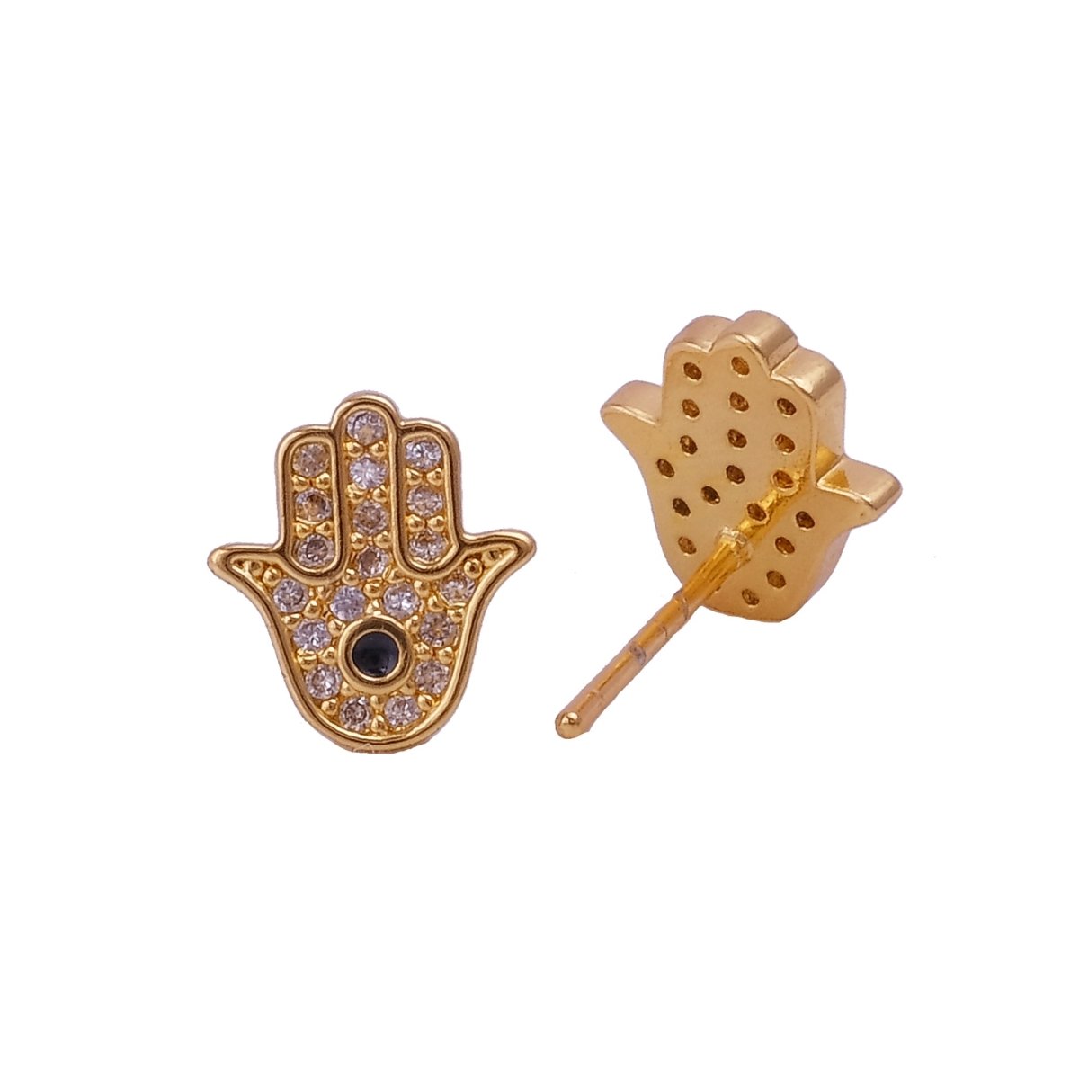Cubic Zircon and Black Onyx Stud Earrings Hamsa Hand Gold Plated Earrings For Her