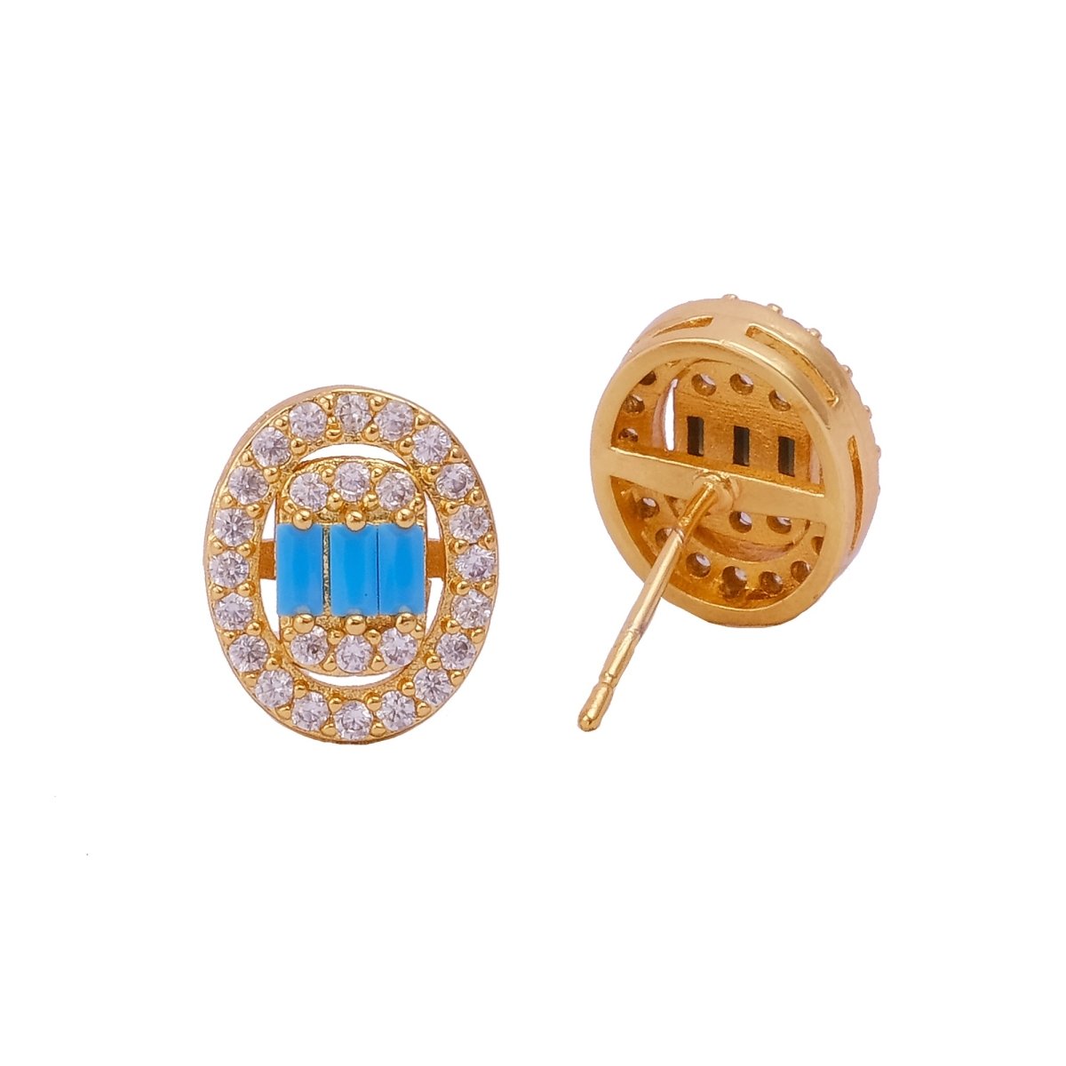 Cubic Zircon and Blue Turquoise Gemstone Stud Earrings Gold Plated Jewelry