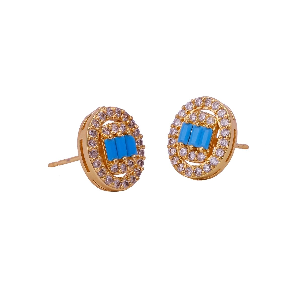 Cubic Zircon and Blue Turquoise Gemstone Stud Earrings Gold Plated Jewelry