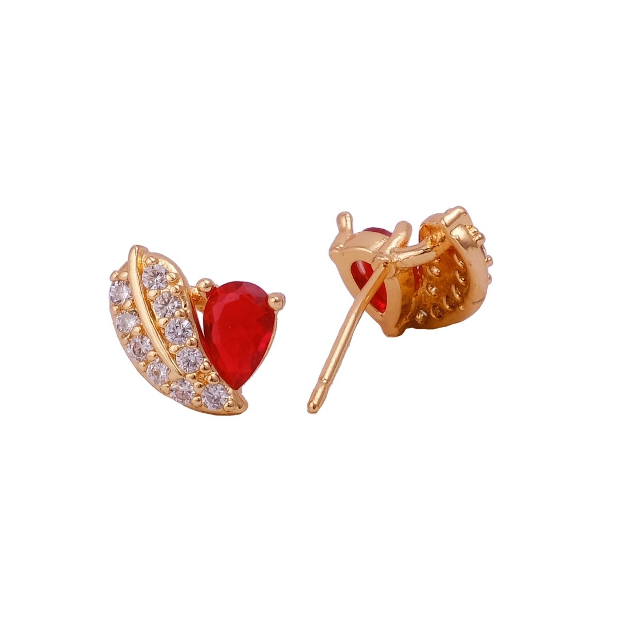 Cubic Zircon and Red Garnet Gemstone Stud Earrings Gold Plated Heart Shape Jewelry
