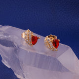 Cubic Zircon and Red Garnet Gemstone Stud Earrings Gold Plated Heart Shape Jewelry