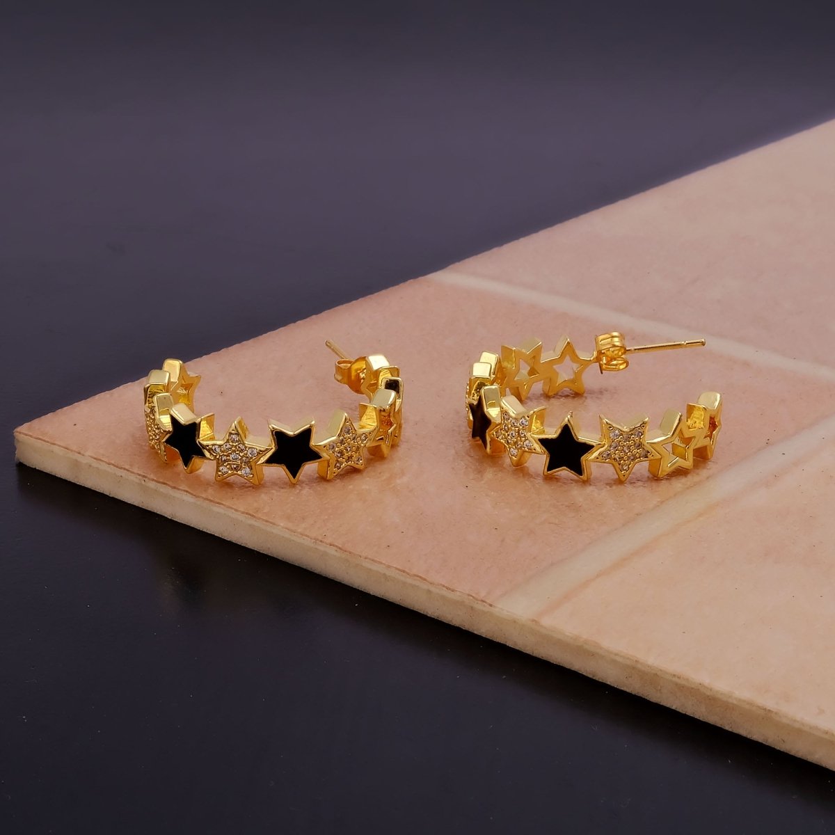 Cubic Zircon Gemstone Hoop Earrings Gold Plated Enamel Star Hoops For Her