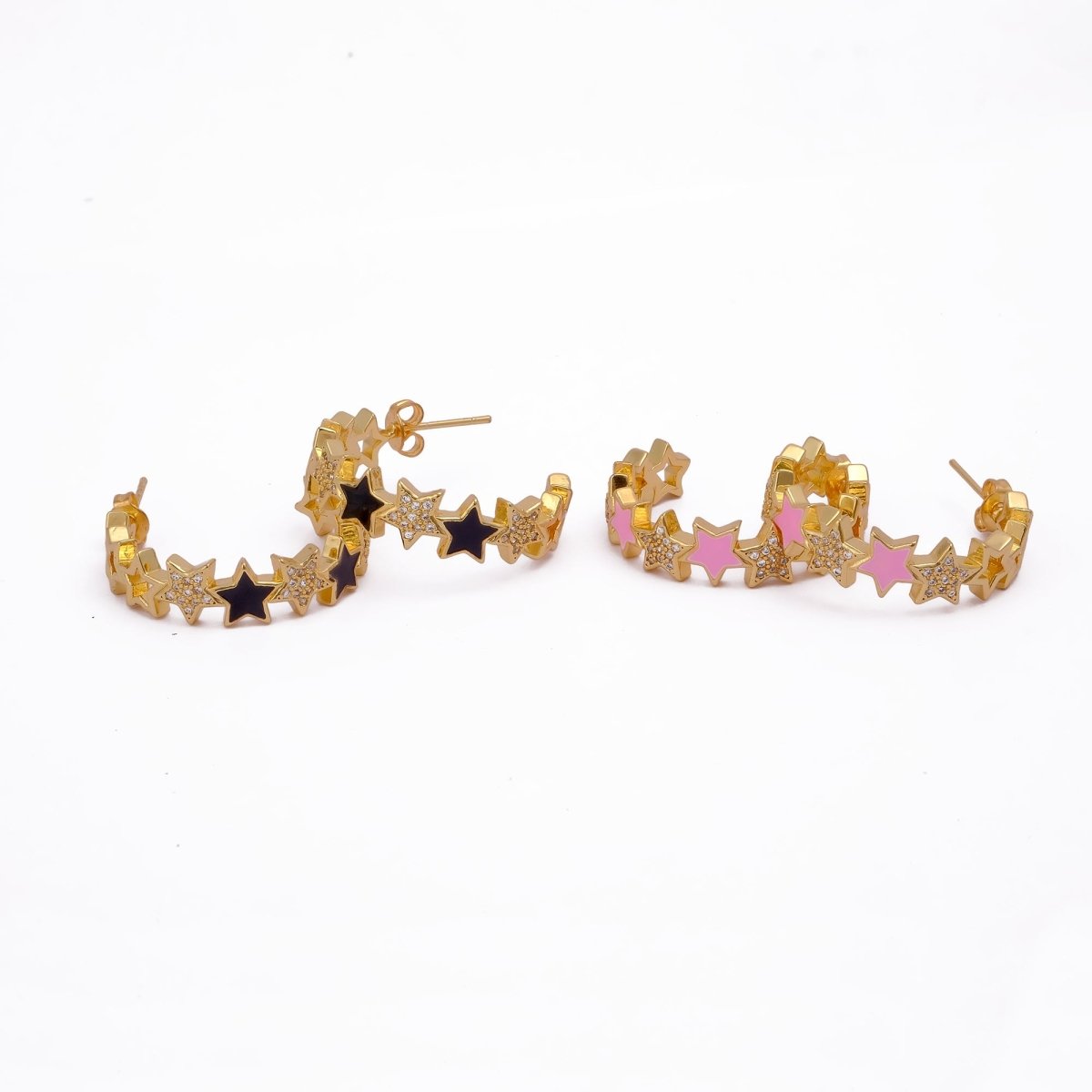 Cubic Zircon Gemstone Hoop Earrings Gold Plated Enamel Star Hoops For Her