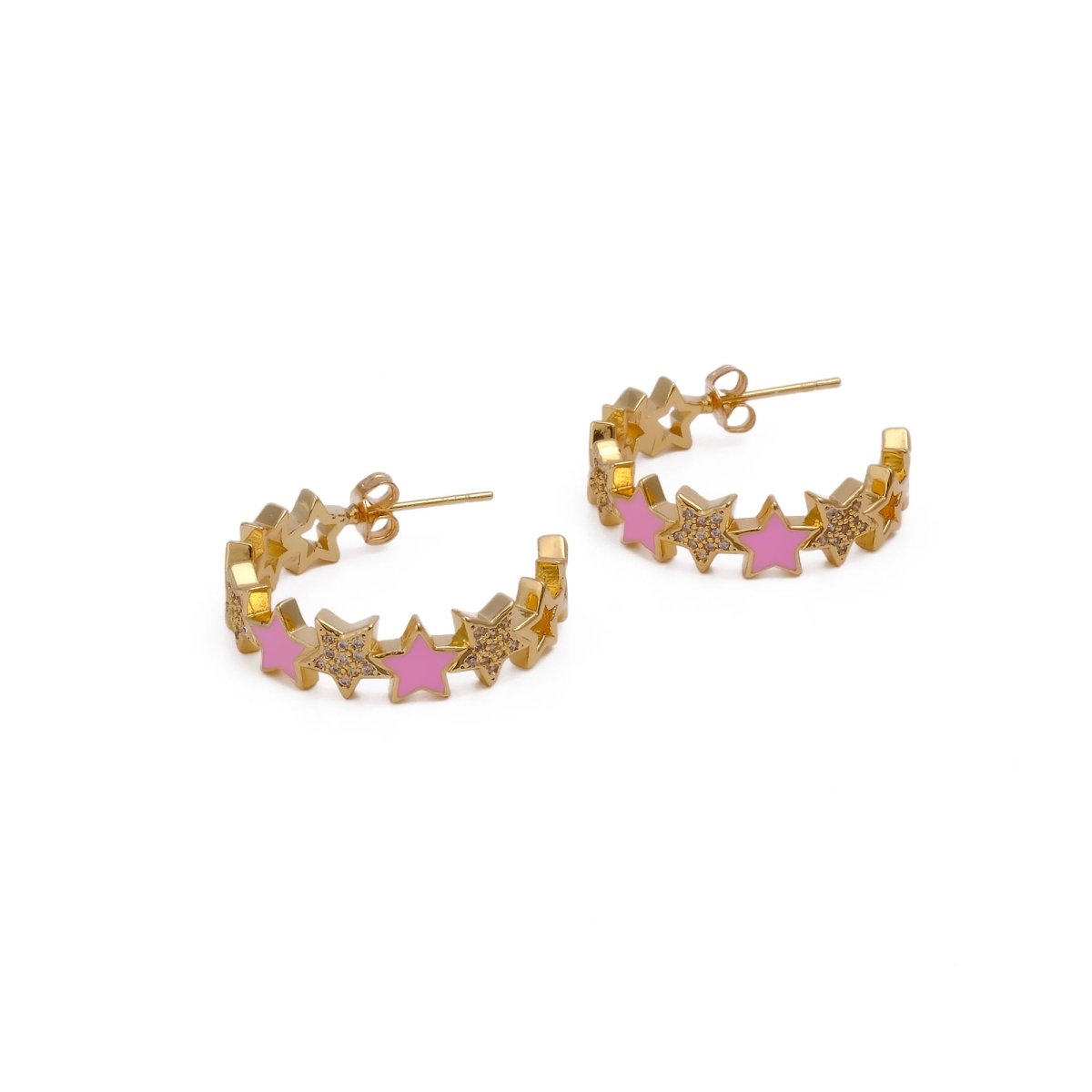 Cubic Zircon Gemstone Hoop Earrings Gold Plated Enamel Star Hoops For Her