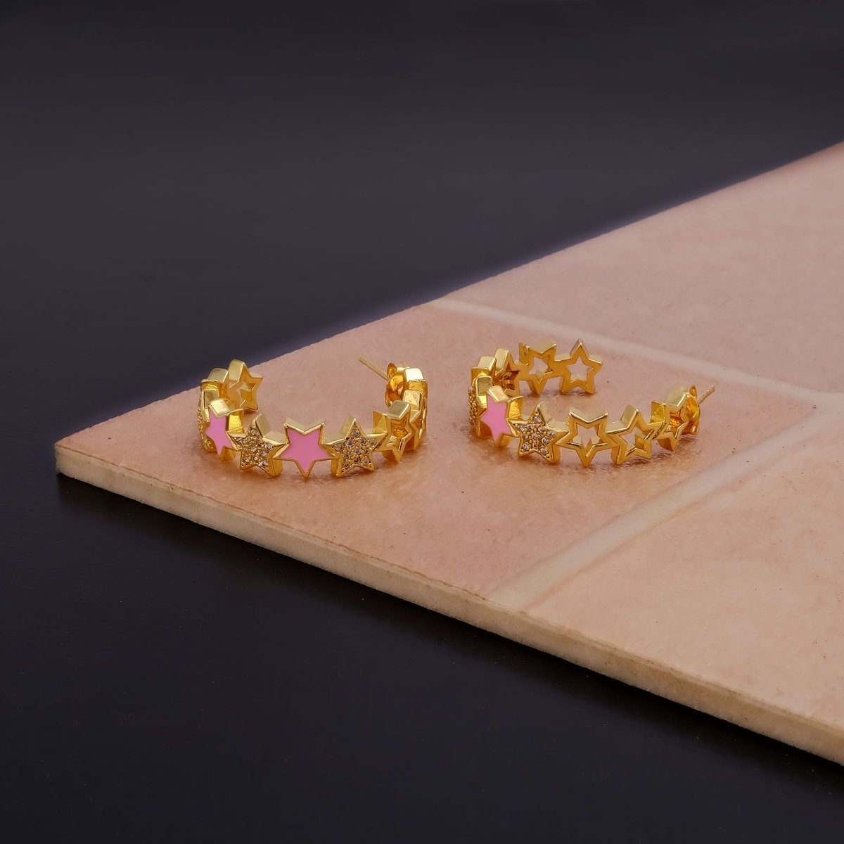 Cubic Zircon Gemstone Hoop Earrings Gold Plated Enamel Star Hoops For Her