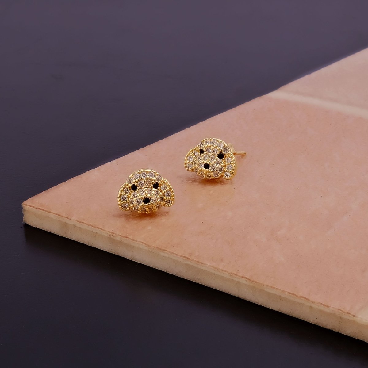 Cubic Zircon Gemstone Jewelry Gold Plated Puppy Face Stud Earrings For Kids