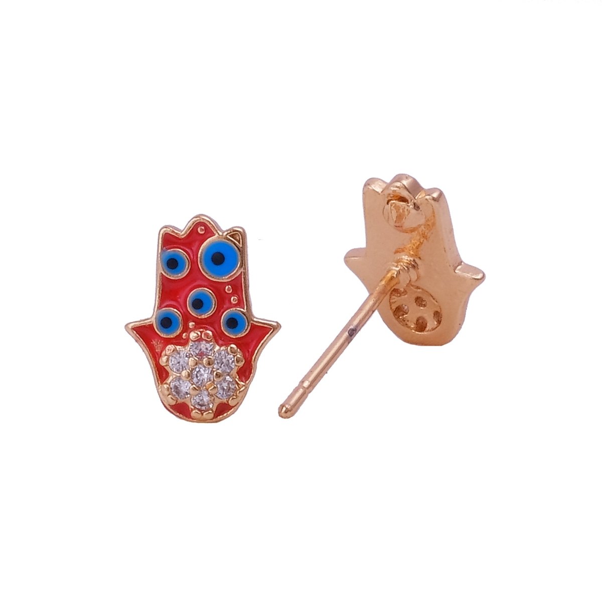 Cubic Zircon Gemstone Stud Earrings Enamel Hamsa Hand Jewelry Gold Plated Earrings