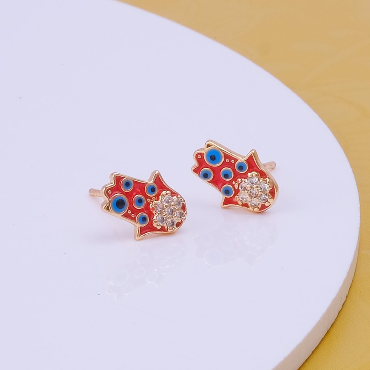 Cubic Zircon Gemstone Stud Earrings Enamel Hamsa Hand Jewelry Gold Plated Earrings