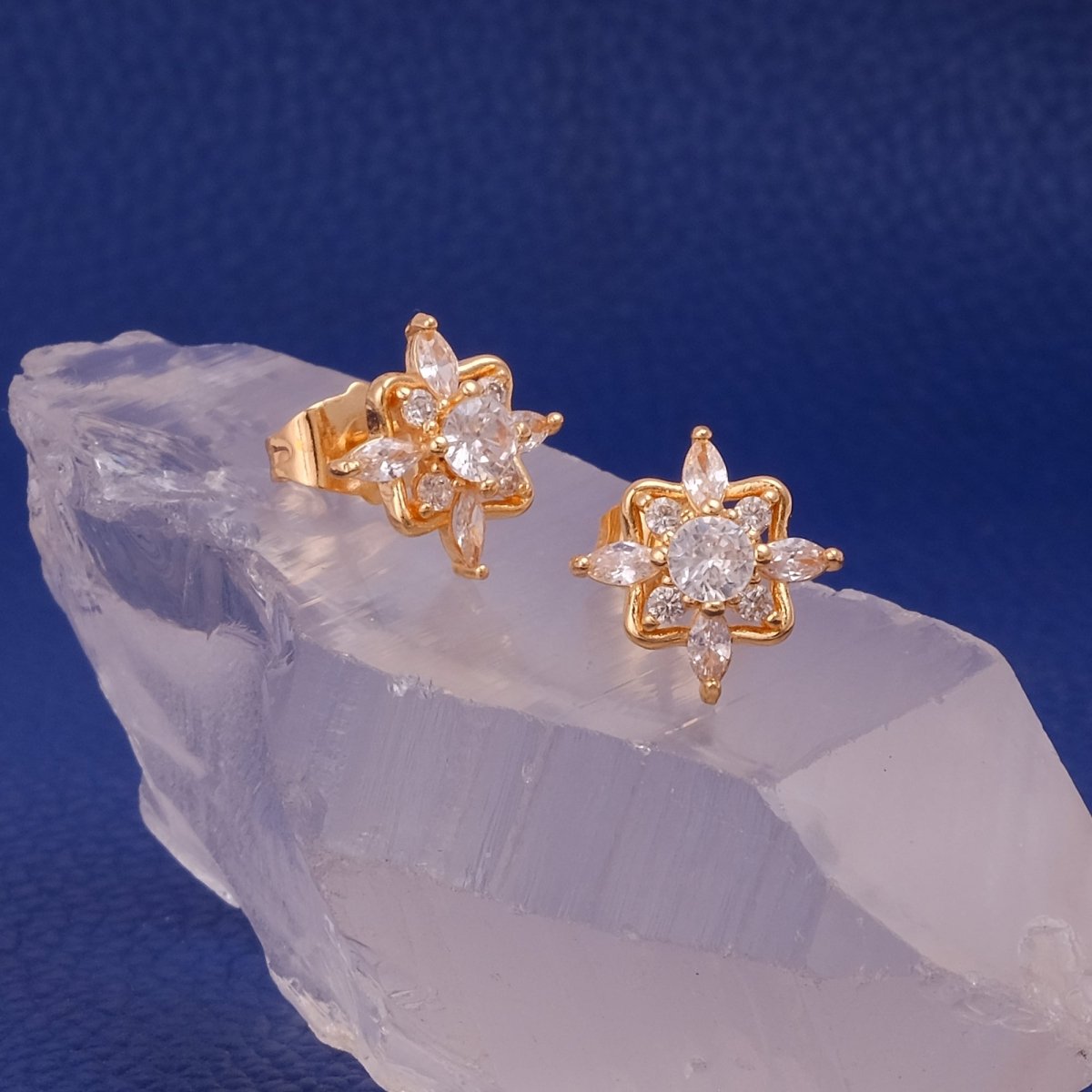 Cubic Zircon Gemstone Stud Earrings Floral Stud Earrings Gold Plated Jewelry