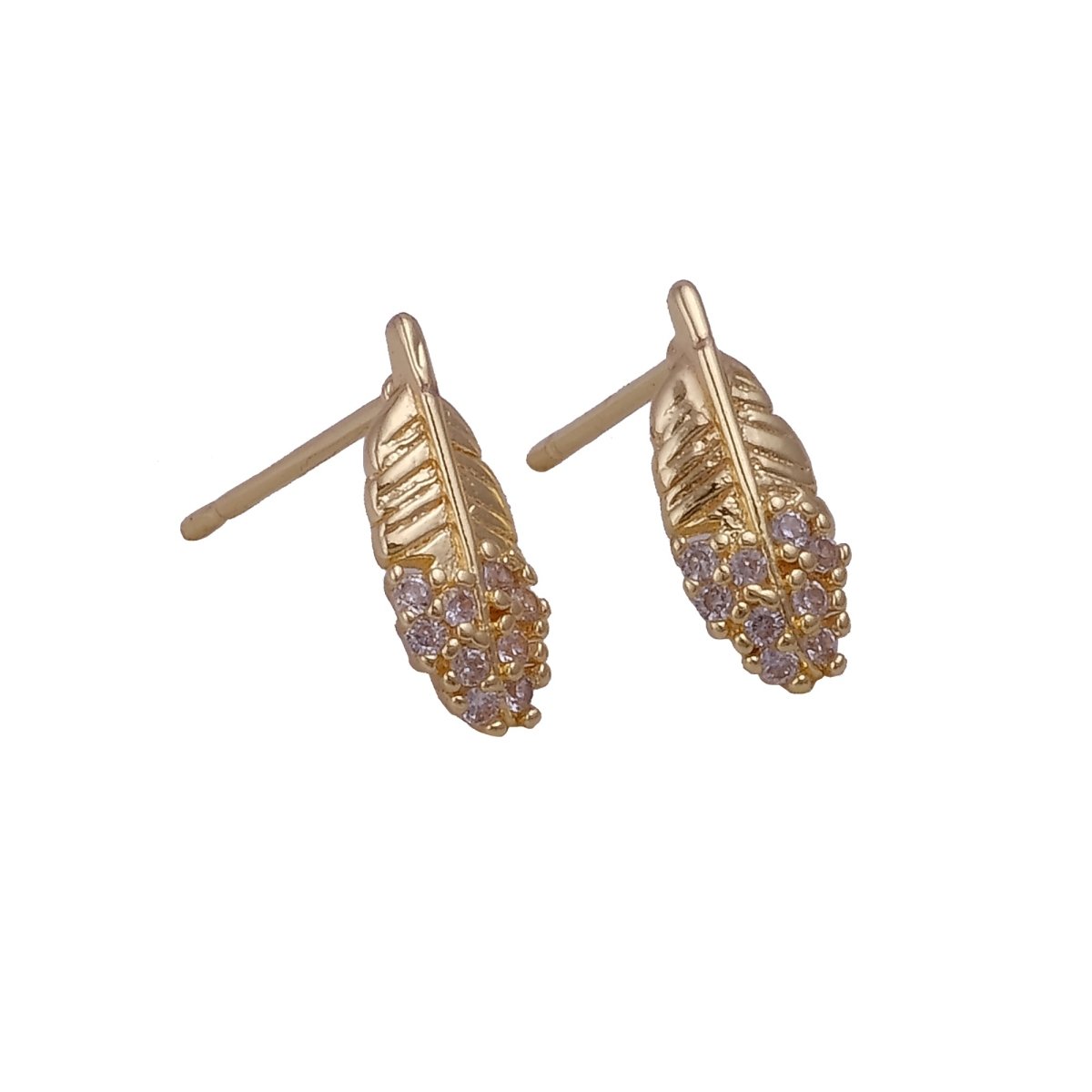 Cubic Zircon Gemstone Stud Earrings Tiny Feather Earrings Gold Plated Jewelry
