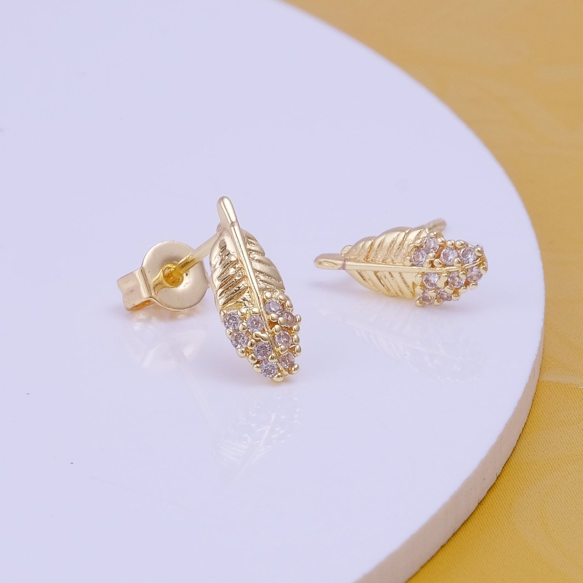 Cubic Zircon Gemstone Stud Earrings Tiny Feather Earrings Gold Plated Jewelry