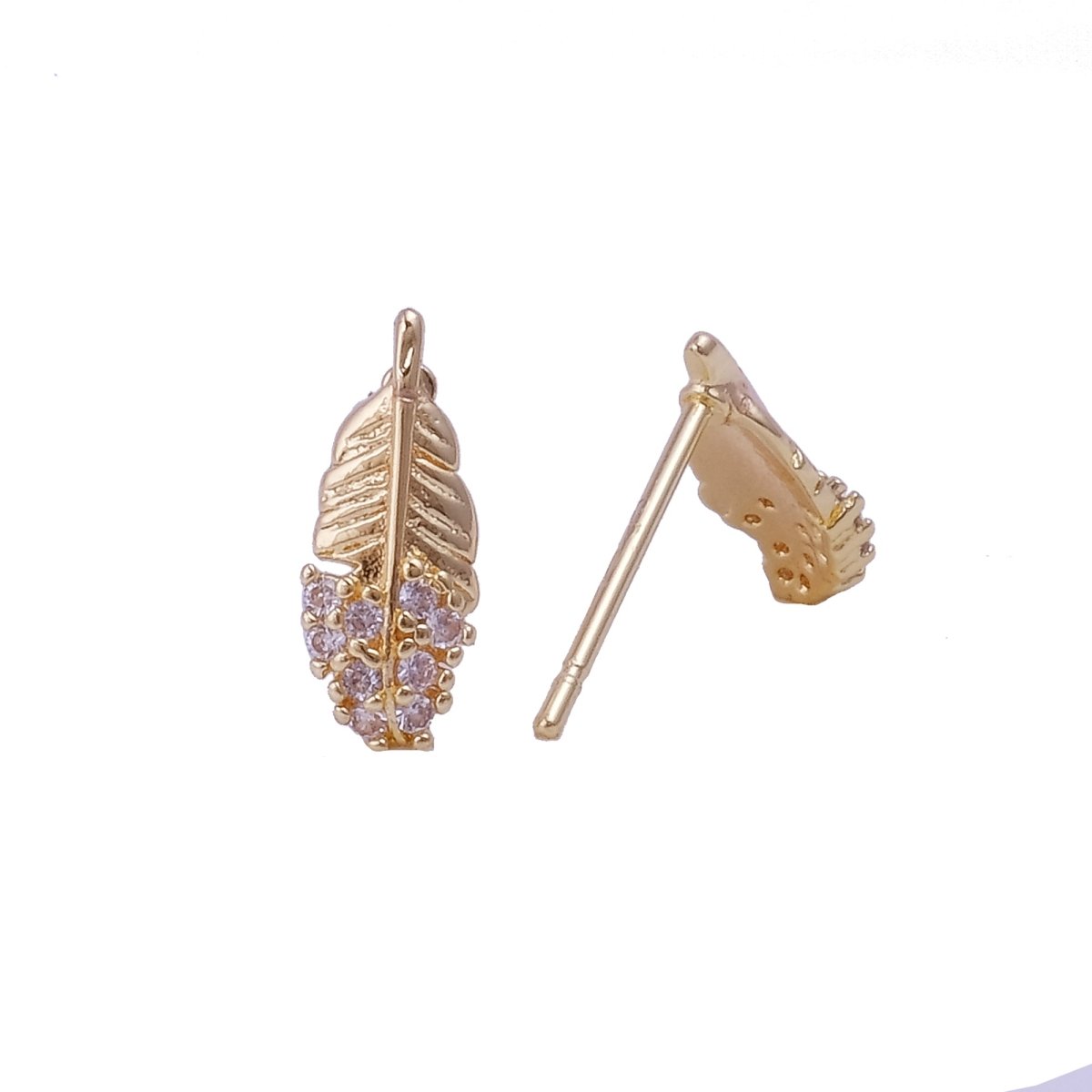 Cubic Zircon Gemstone Stud Earrings Tiny Feather Earrings Gold Plated Jewelry