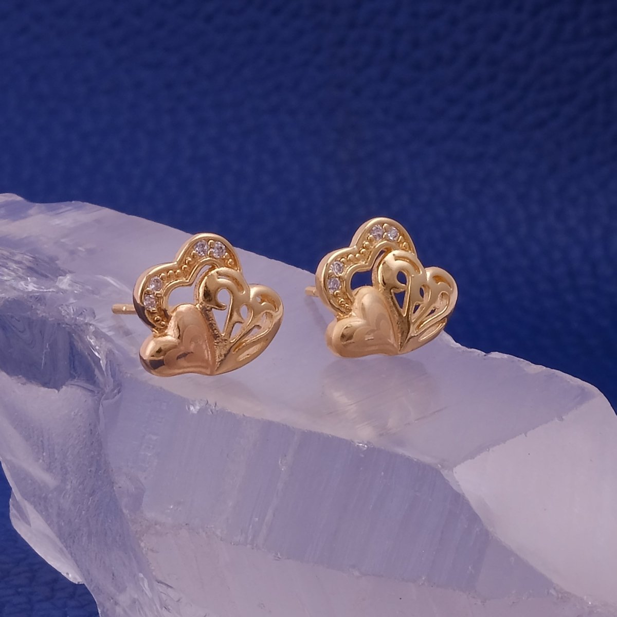Cubic Zircon Triple Heart Stud Earrings Gold Plated Jewelry For Her