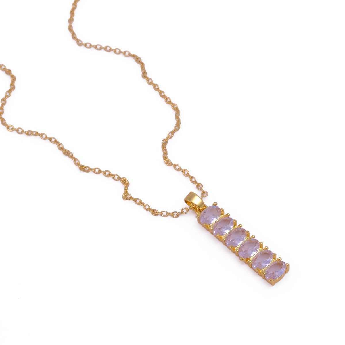 Cubic Zirconia Oval Gemstones Gold - Plated Bar Pendant Necklace