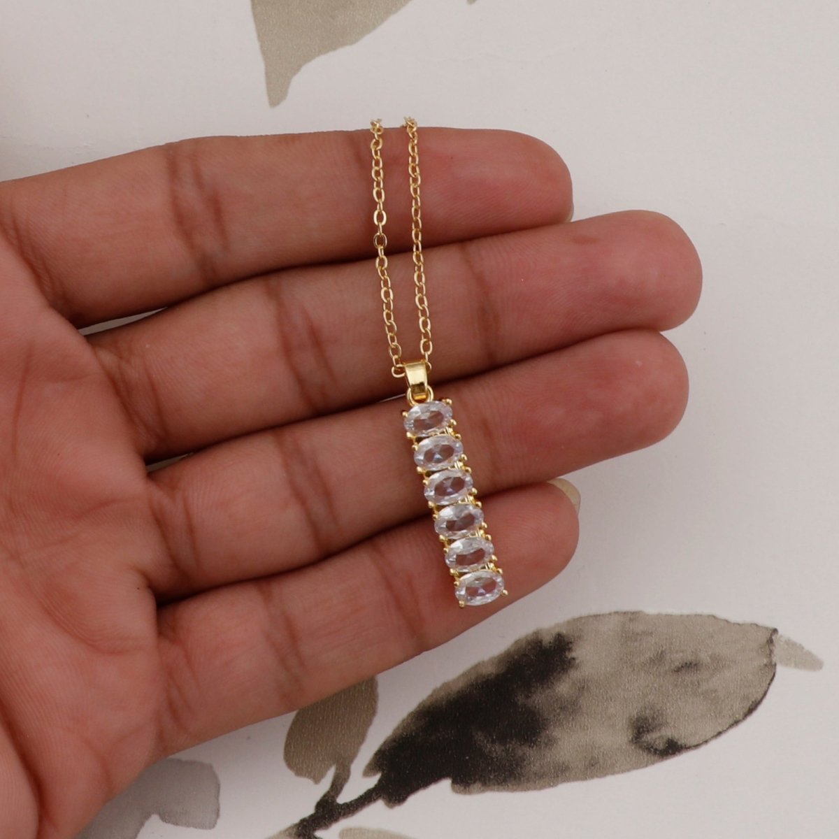 Cubic Zirconia Oval Gemstones Gold - Plated Bar Pendant Necklace