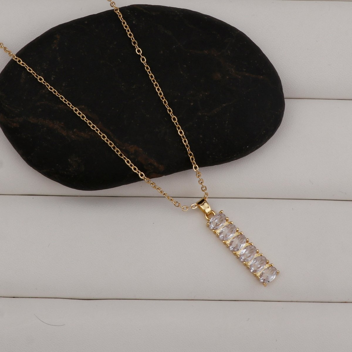 Cubic Zirconia Oval Gemstones Gold - Plated Bar Pendant Necklace