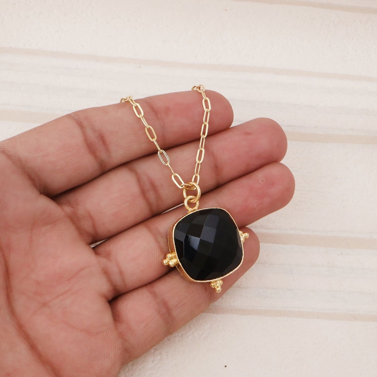 Cushion Cut Black Onyx Pendant Necklace, Gold Plated Link Chain 5414