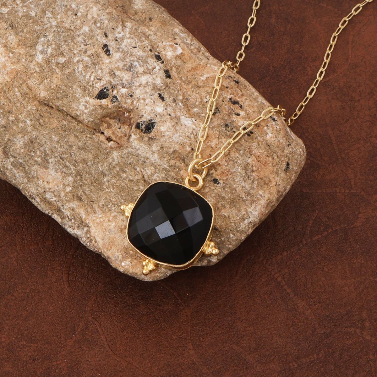 Cushion Cut Black Onyx Pendant Necklace, Gold Plated Link Chain 5414