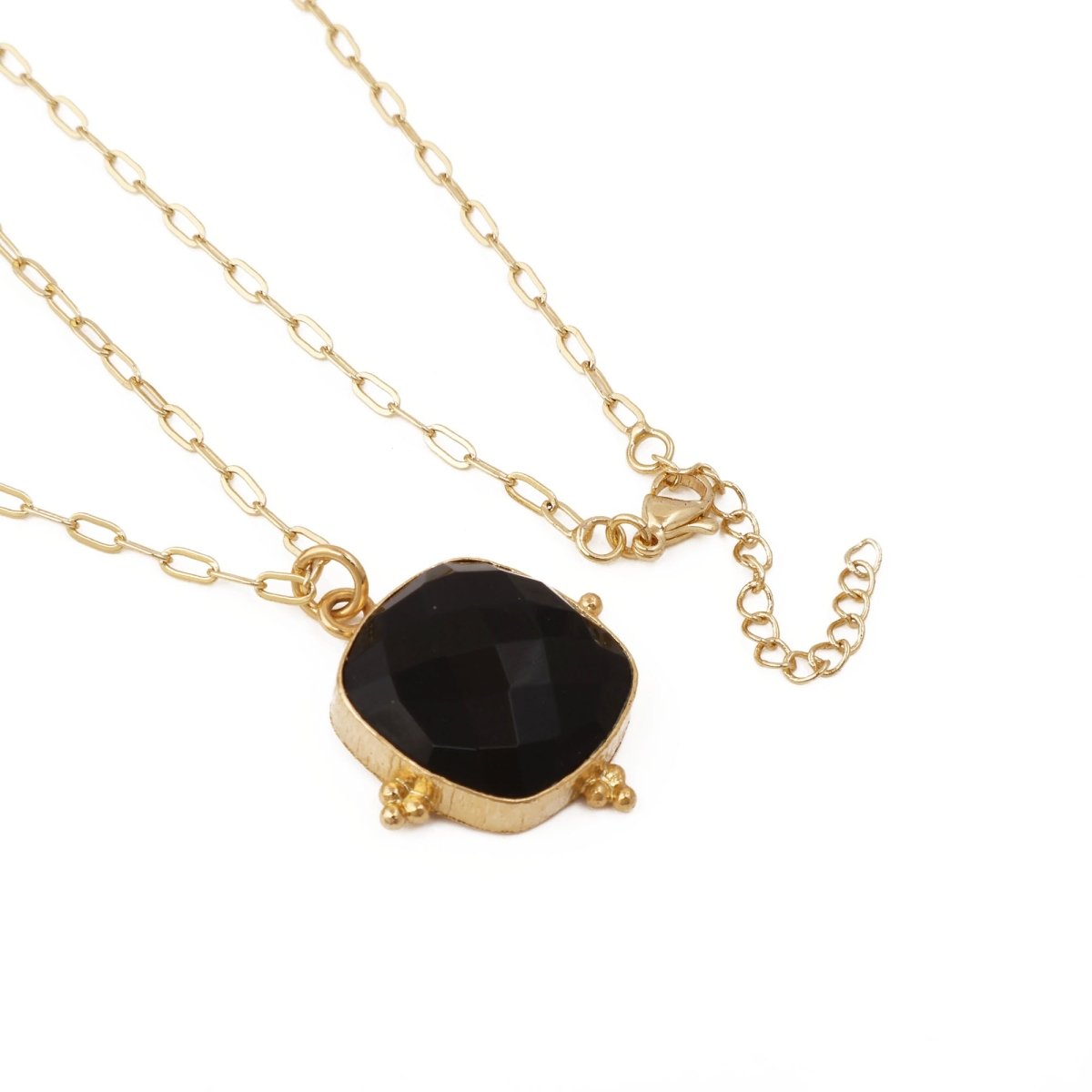 Cushion Cut Black Onyx Pendant Necklace, Gold Plated Link Chain 5414