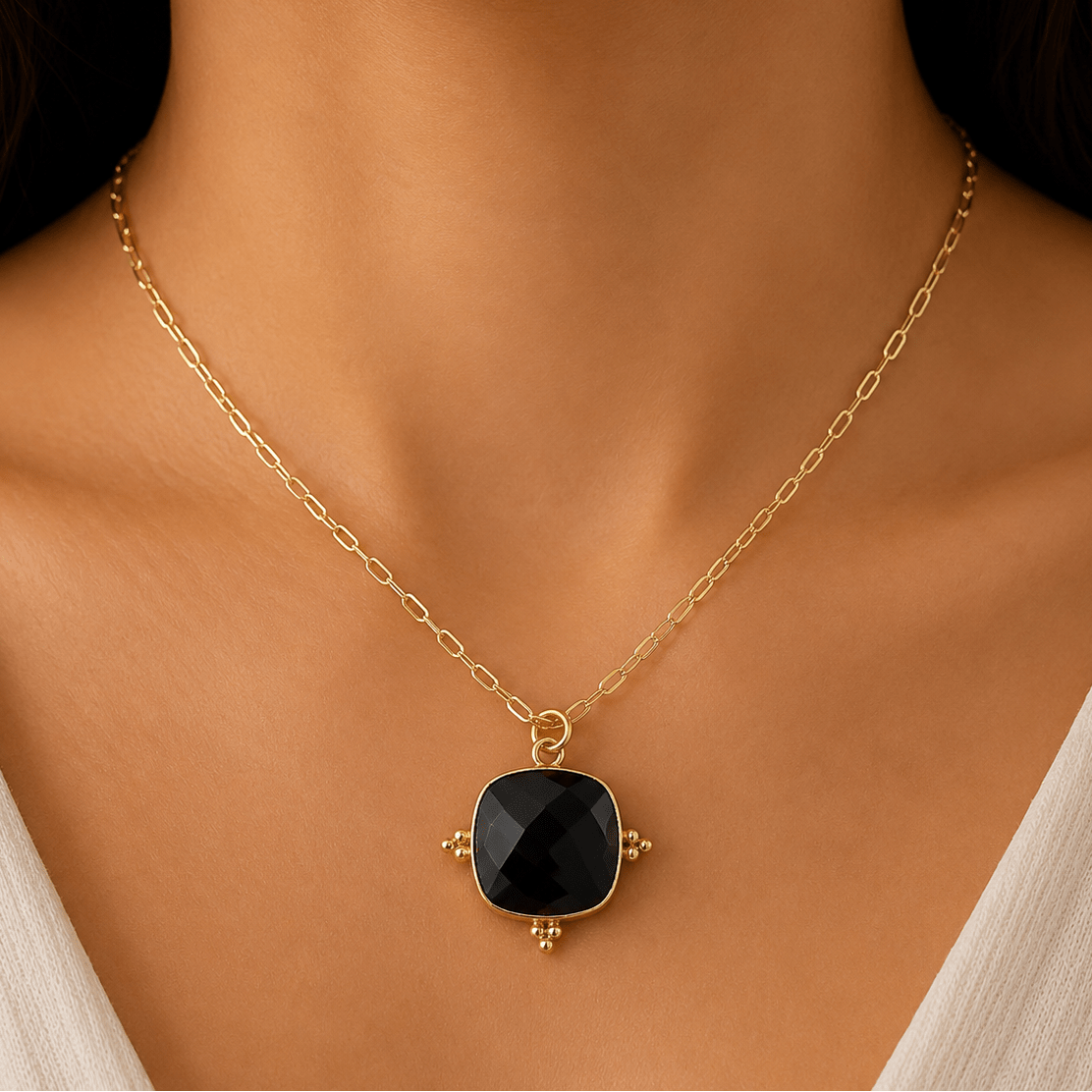 Cushion Cut Black Onyx Pendant Necklace, Gold Plated Link Chain 5414