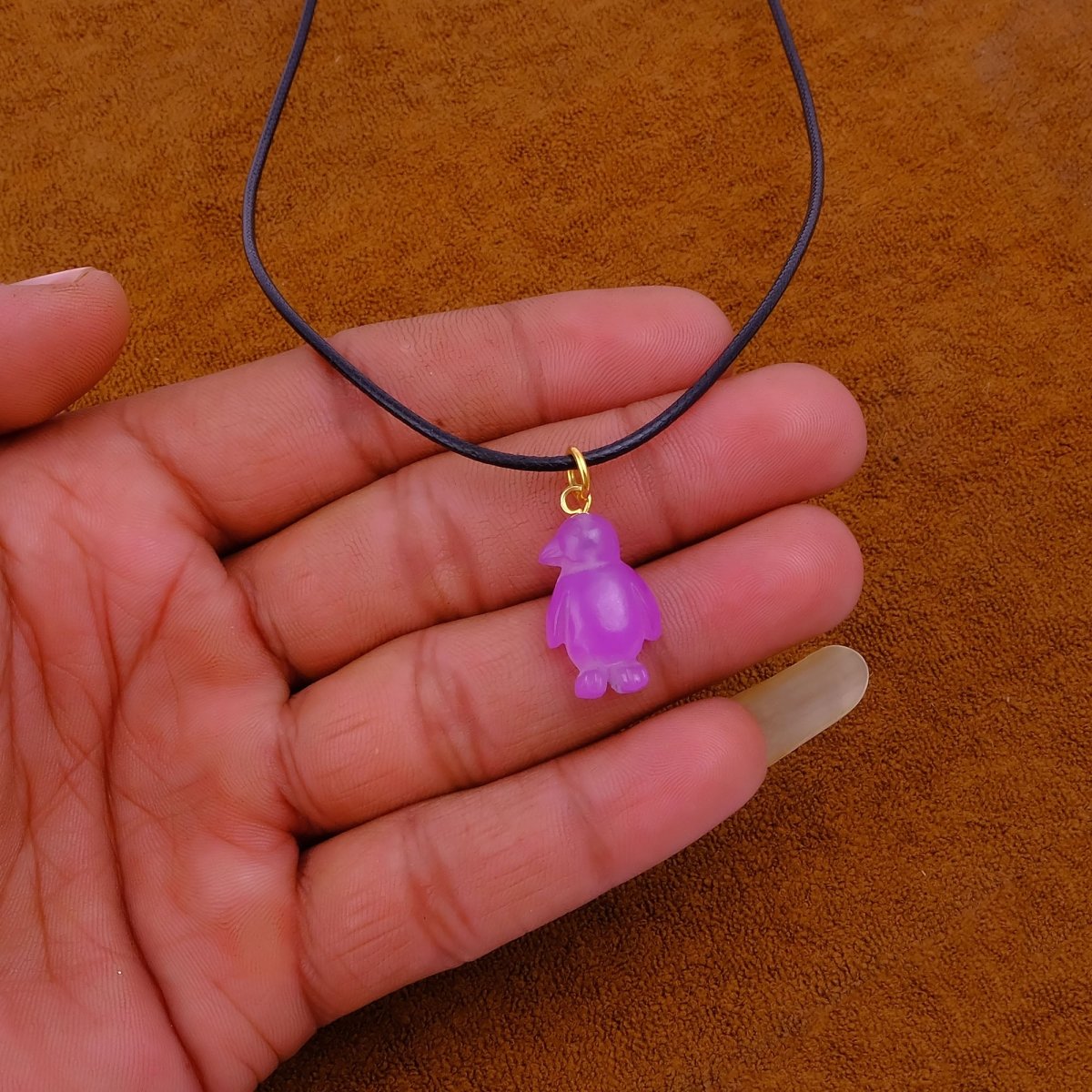 Cute Pink Penguin Charm Necklace, Adjustable Black Cord Choker 5254