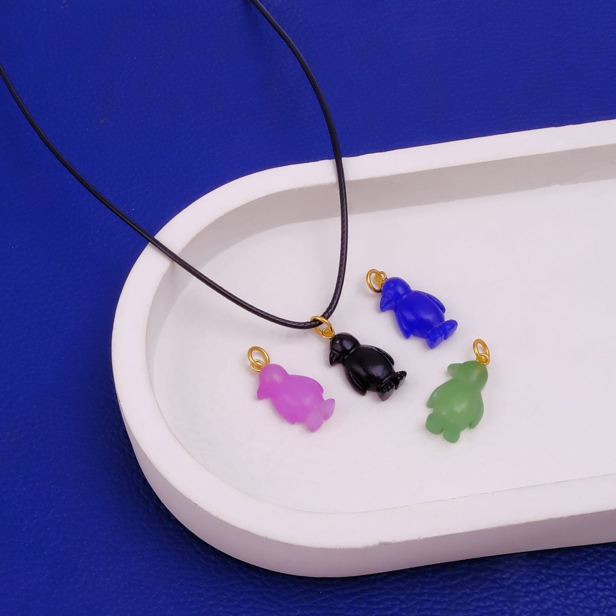 Cute Pink Penguin Charm Necklace, Adjustable Black Cord Choker 5254