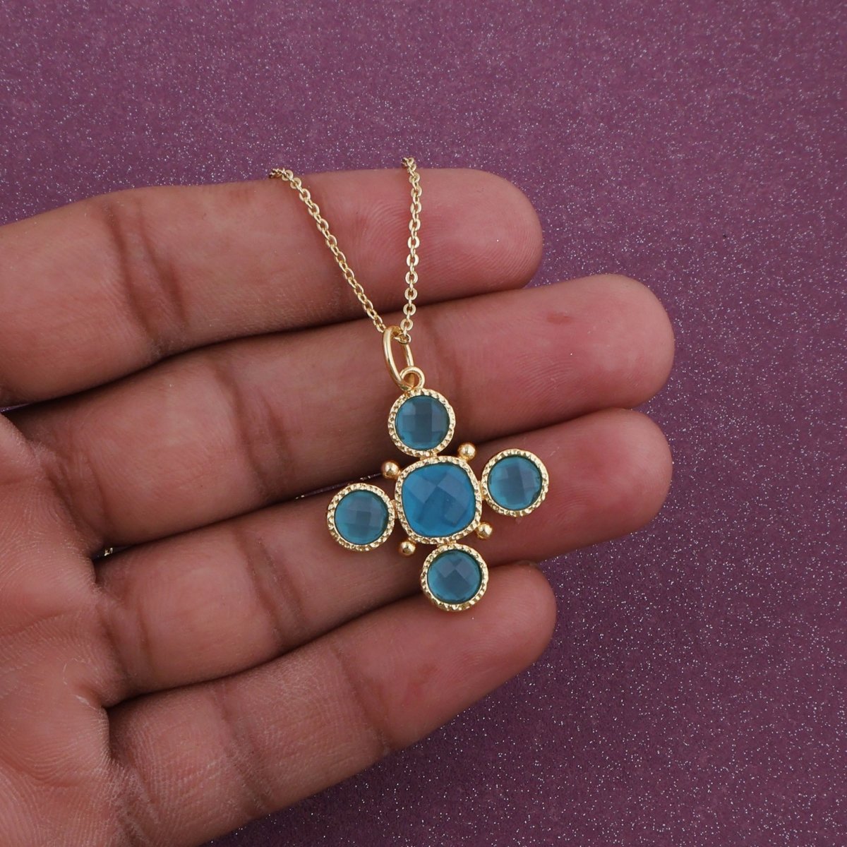 Dainty Gold Floral Cross Charm with Green Onyx Gemstone, Bezel Set Jewelry 5388