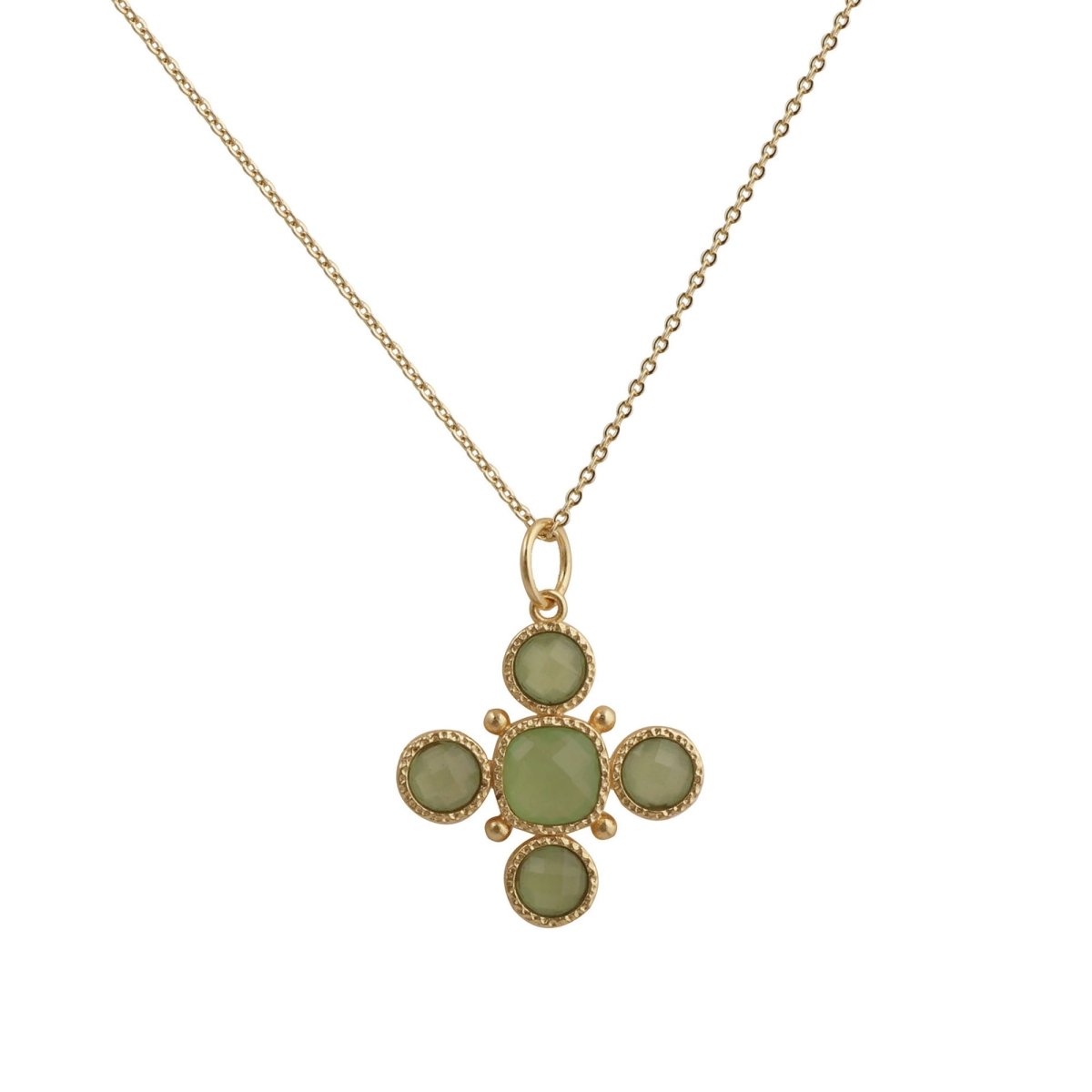 Dainty Gold Floral Cross Charm with Green Onyx Gemstone, Bezel Set Jewelry 5388