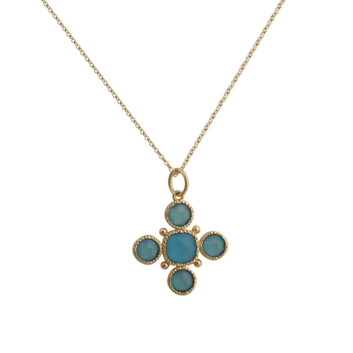 Dainty Gold Floral Cross Charm with Green Onyx Gemstone, Bezel Set Jewelry 5388