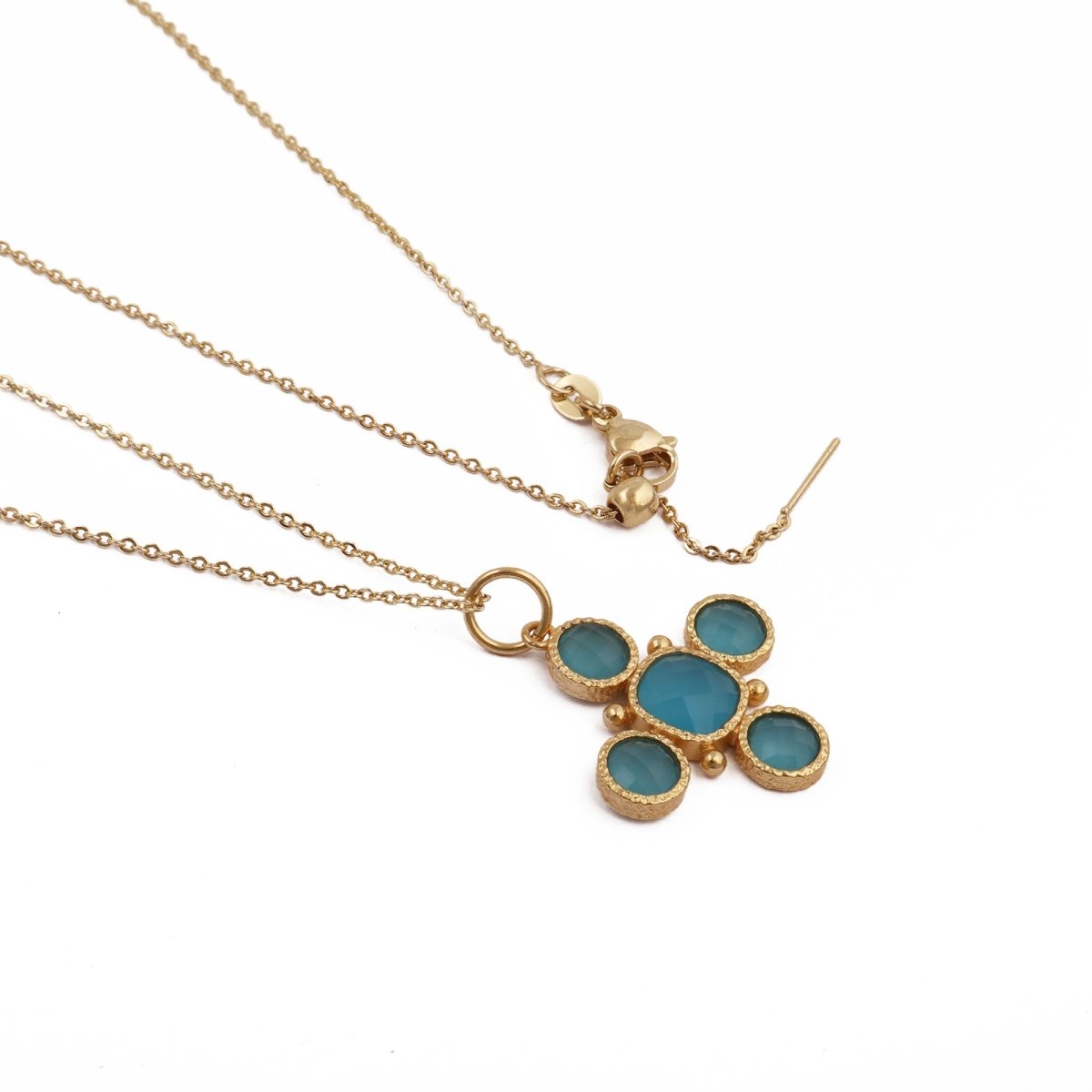 Dainty Gold Floral Cross Charm with Green Onyx Gemstone, Bezel Set Jewelry 5388