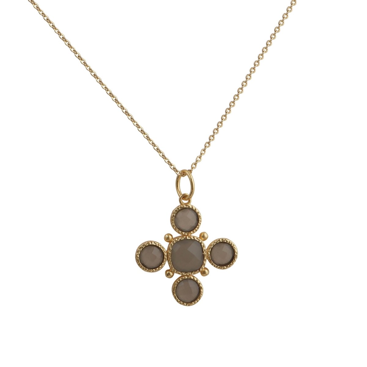 Dainty Gold Floral Cross Charm with Green Onyx Gemstone, Bezel Set Jewelry 5388
