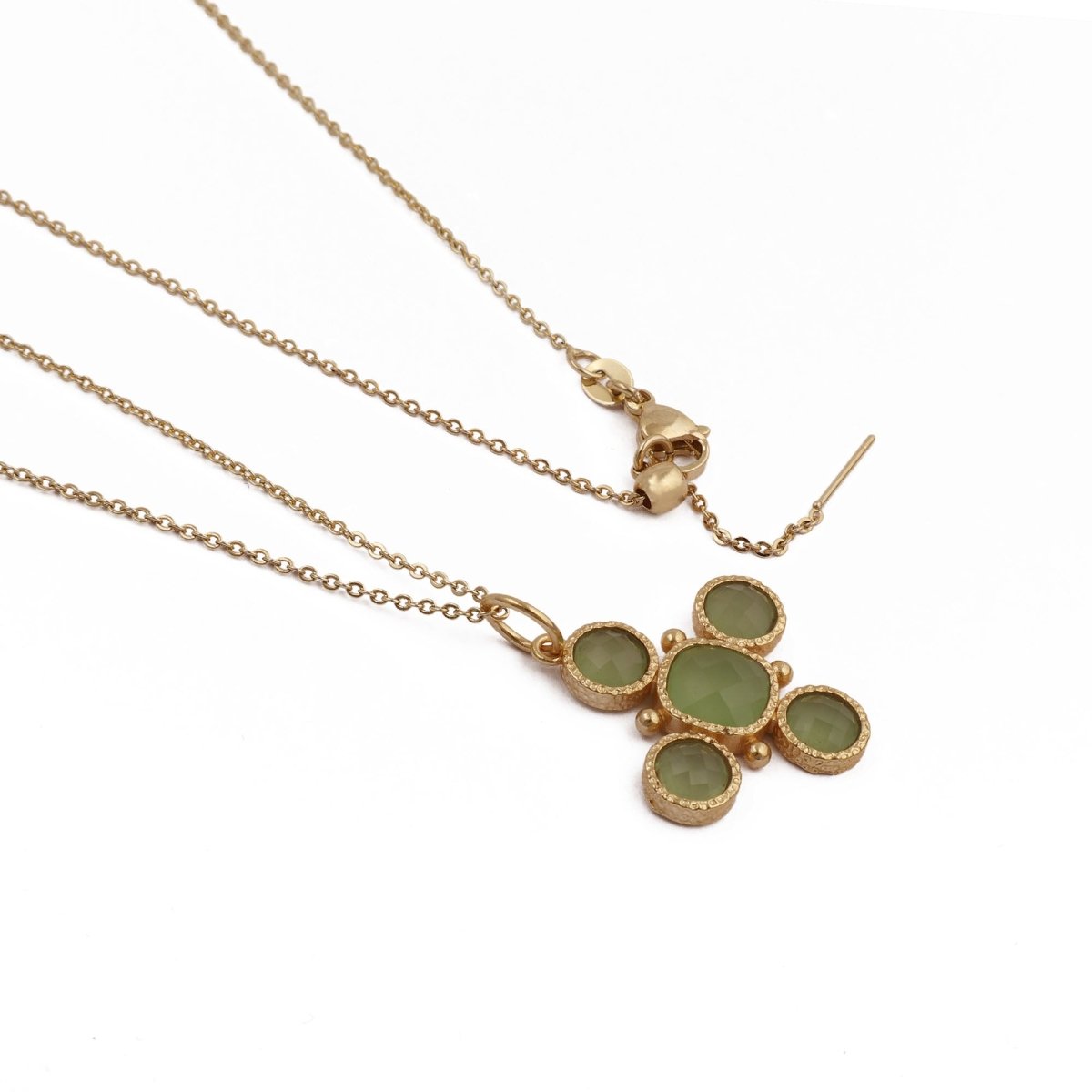 Dainty Gold Floral Cross Charm with Green Onyx Gemstone, Bezel Set Jewelry 5388