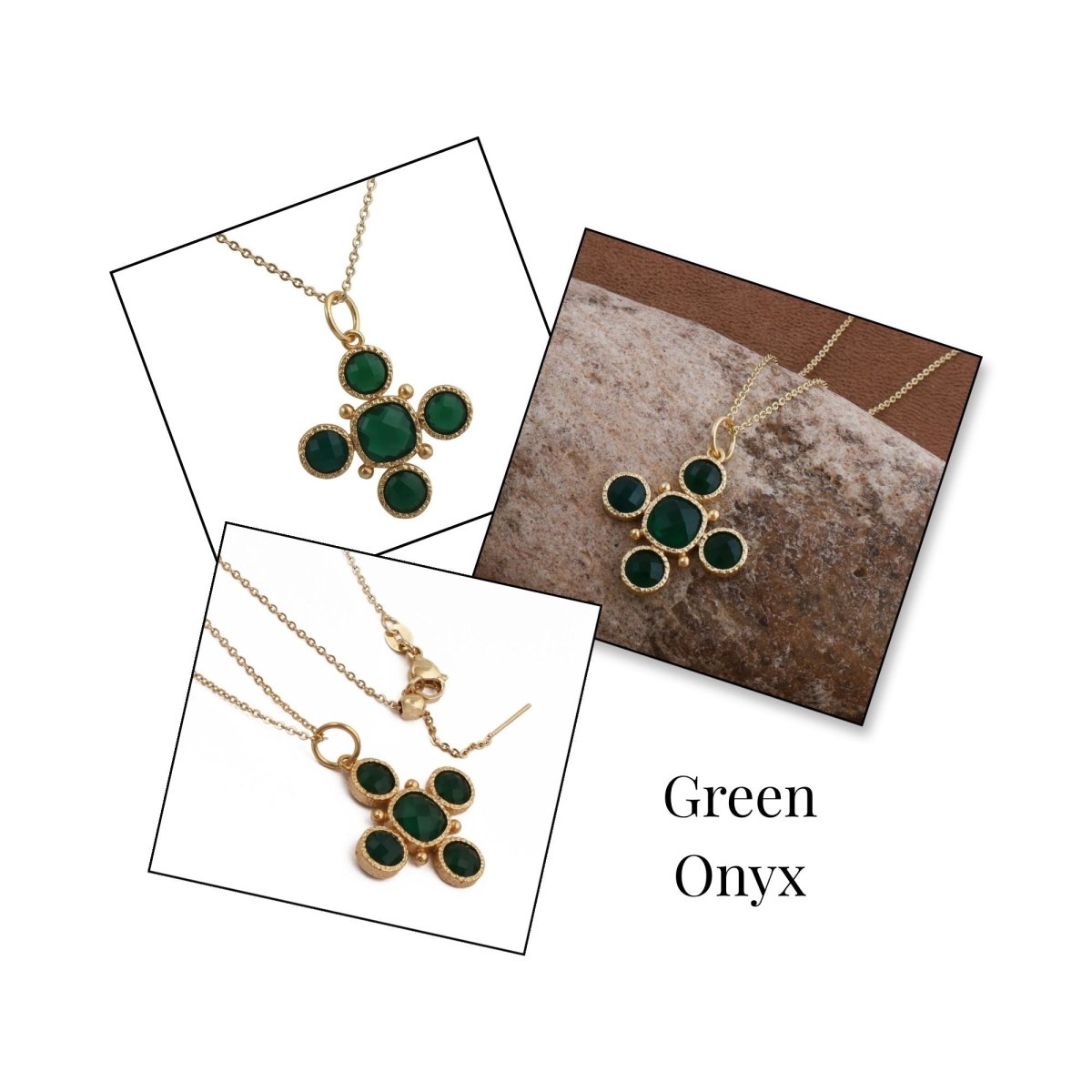 Dainty Gold Floral Cross Charm with Green Onyx Gemstone, Bezel Set Jewelry 5388