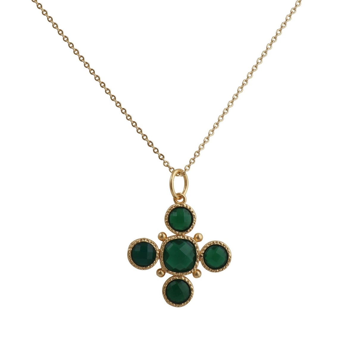 Dainty Gold Floral Cross Charm with Green Onyx Gemstone, Bezel Set Jewelry 5388