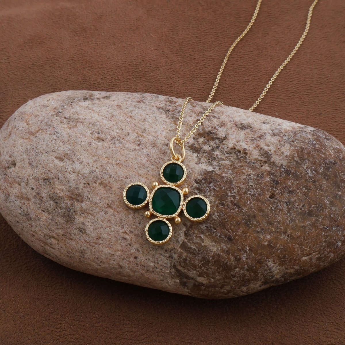 Dainty Gold Floral Cross Charm with Green Onyx Gemstone, Bezel Set Jewelry 5388
