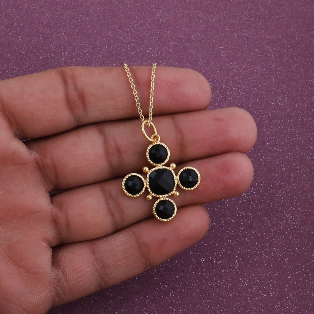Dainty Gold Floral Cross Charm with Green Onyx Gemstone, Bezel Set Jewelry 5388