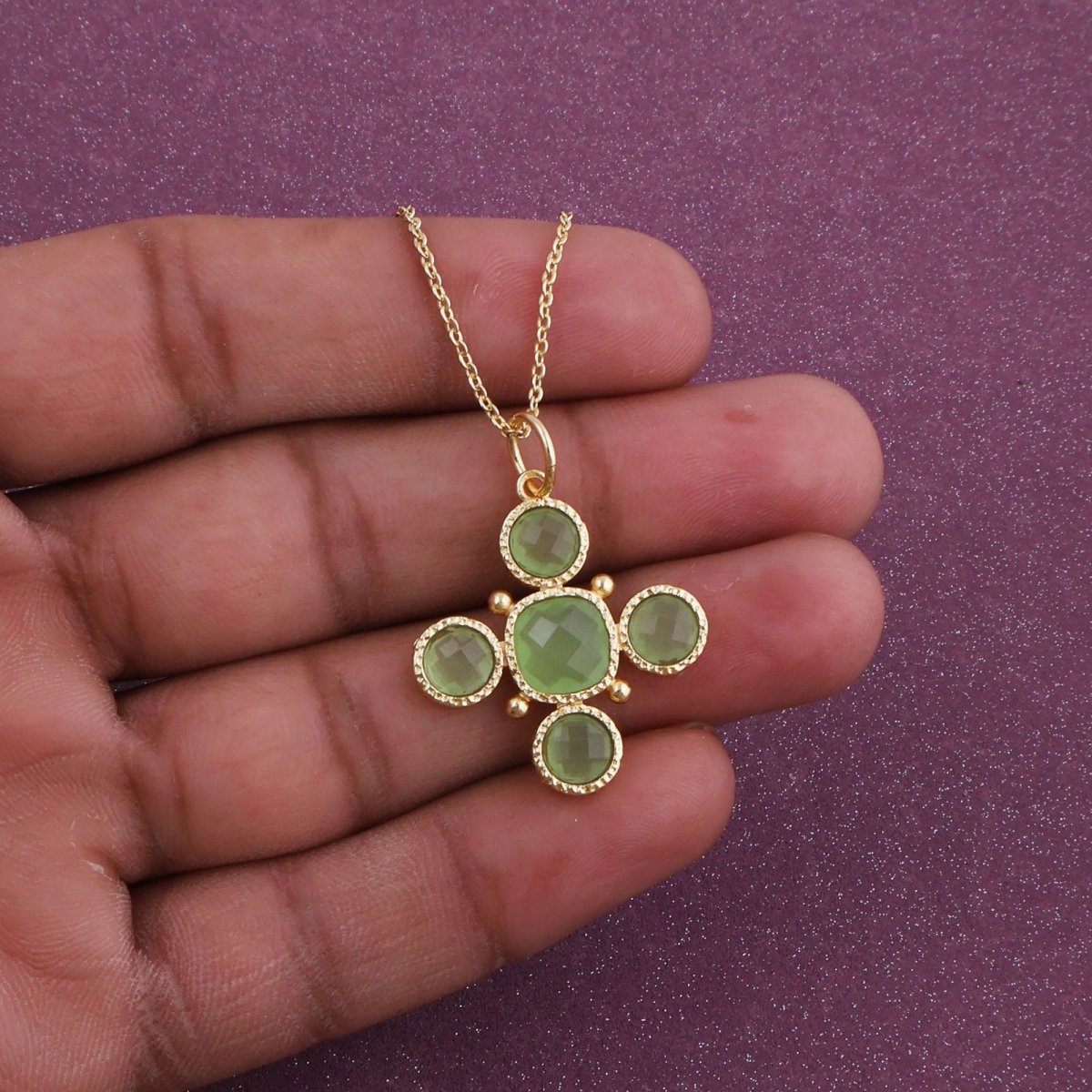 Dainty Gold Floral Cross Charm with Green Onyx Gemstone, Bezel Set Jewelry 5388