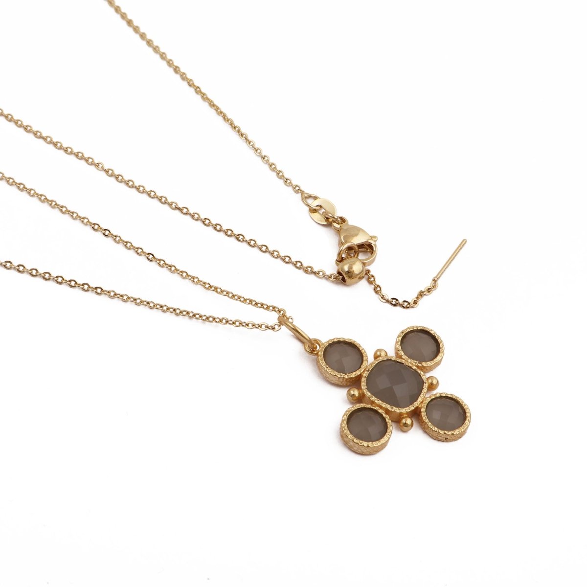 Dainty Gold Floral Cross Charm with Green Onyx Gemstone, Bezel Set Jewelry 5388