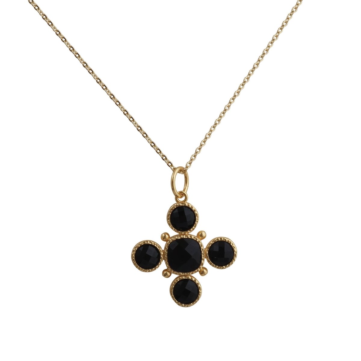 Dainty Gold Floral Cross Charm with Green Onyx Gemstone, Bezel Set Jewelry 5388