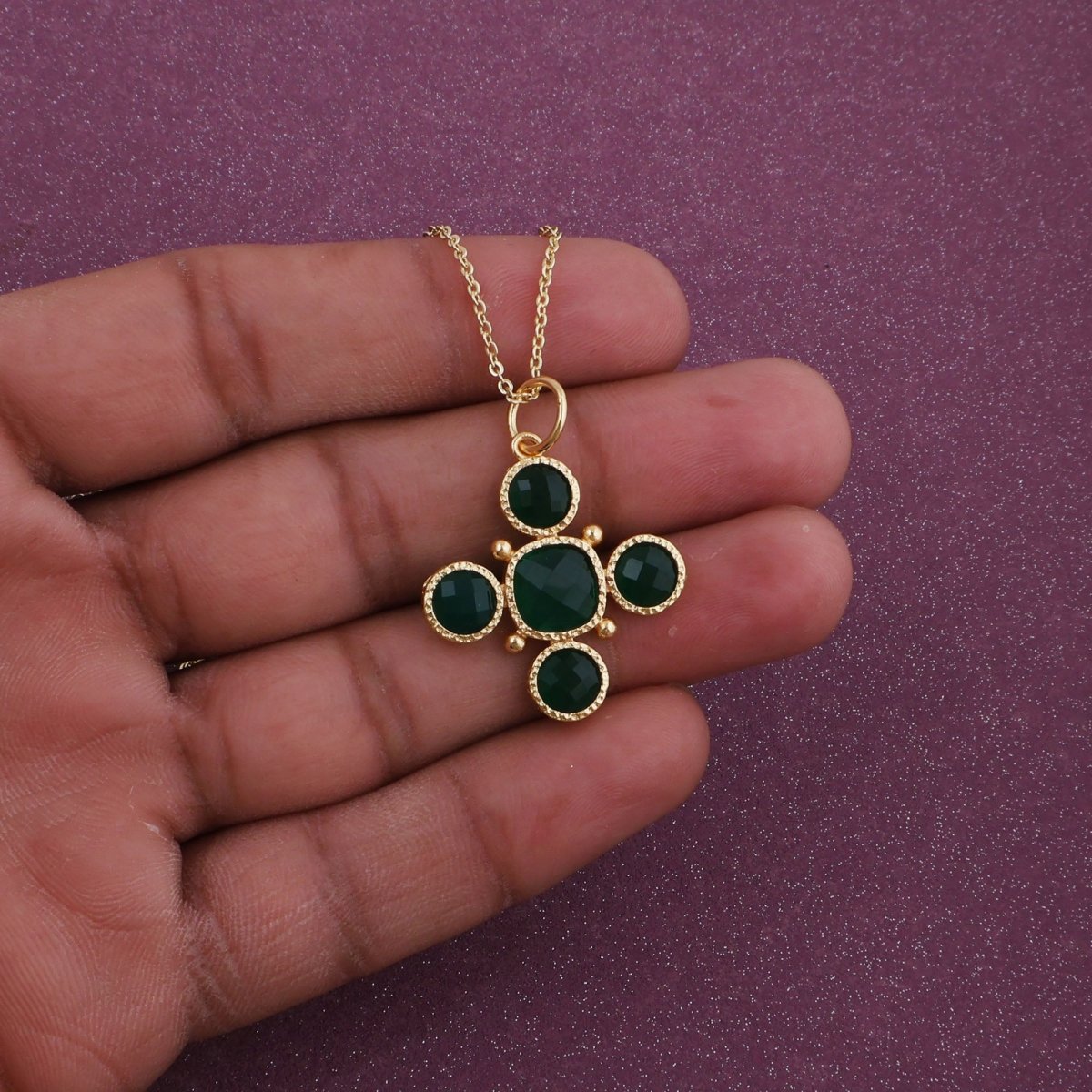 Dainty Gold Floral Cross Charm with Green Onyx Gemstone, Bezel Set Jewelry 5388