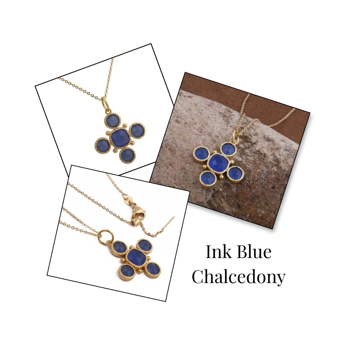 Dainty Gold Floral Cross Charm with Green Onyx Gemstone, Bezel Set Jewelry 5388 Ink Blue Chalcedony