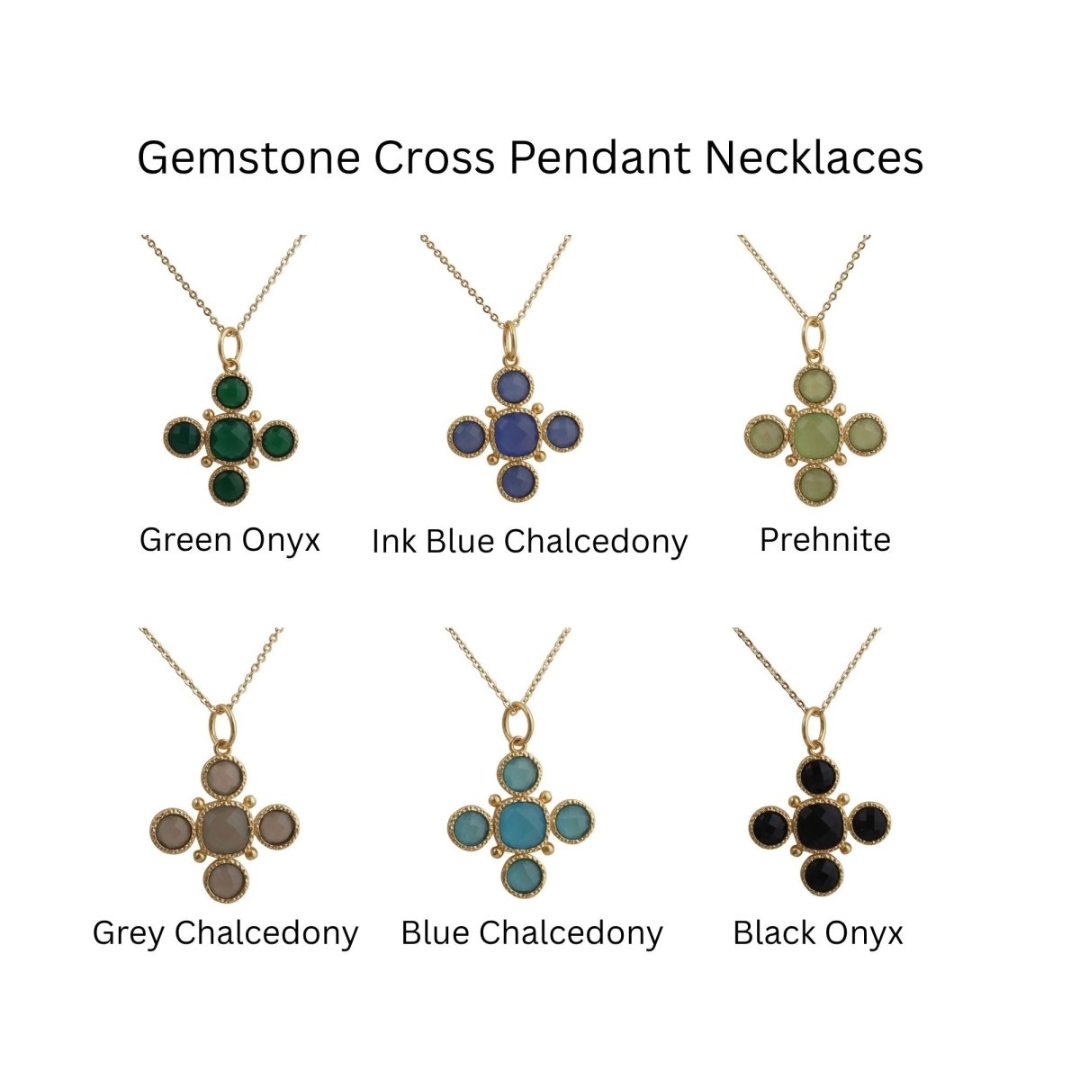 Dainty Gold Floral Cross Charm with Green Onyx Gemstone, Bezel Set Jewelry 5388