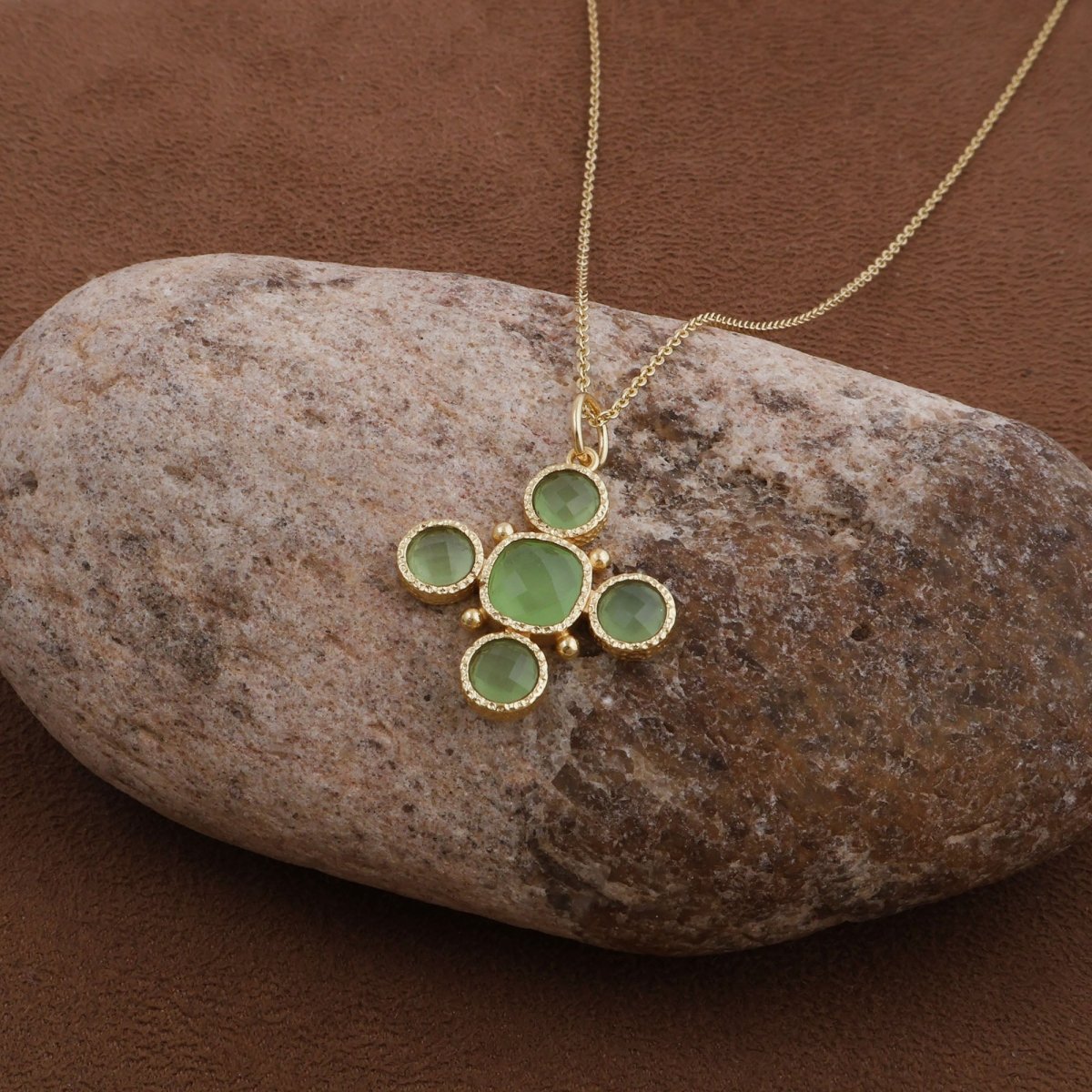 Dainty Gold Floral Cross Charm with Green Onyx Gemstone, Bezel Set Jewelry 5388