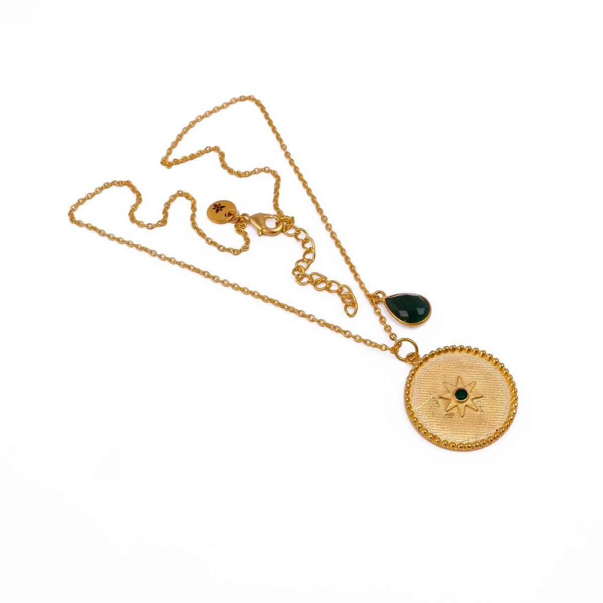 Dainty Gold Plated Sunburst Medallion Pendant Necklace with Teardrop Gemstone 5318