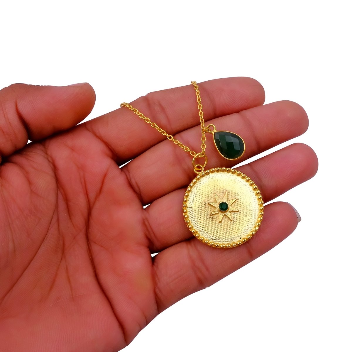 Dainty Gold Plated Sunburst Medallion Pendant Necklace with Teardrop Gemstone 5318