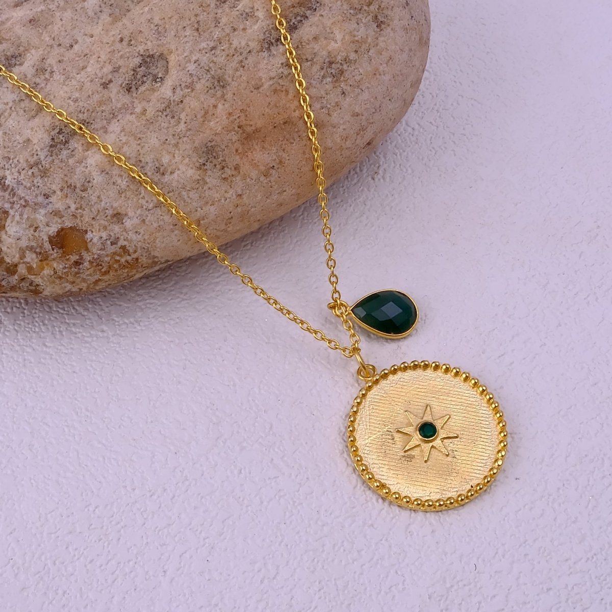Dainty Gold Plated Sunburst Medallion Pendant Necklace with Teardrop Gemstone 5318