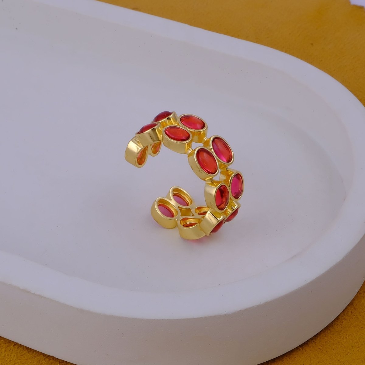 Dainty Oval Shape Pink Tourmaline Band Ring, 18K Gold Plated Adjustable Jewelry CR - 1028