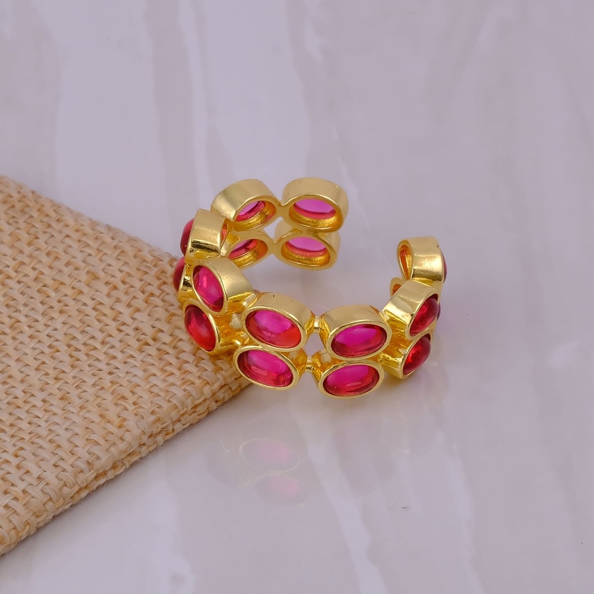 Dainty Oval Shape Pink Tourmaline Band Ring, 18K Gold Plated Adjustable Jewelry CR - 1028