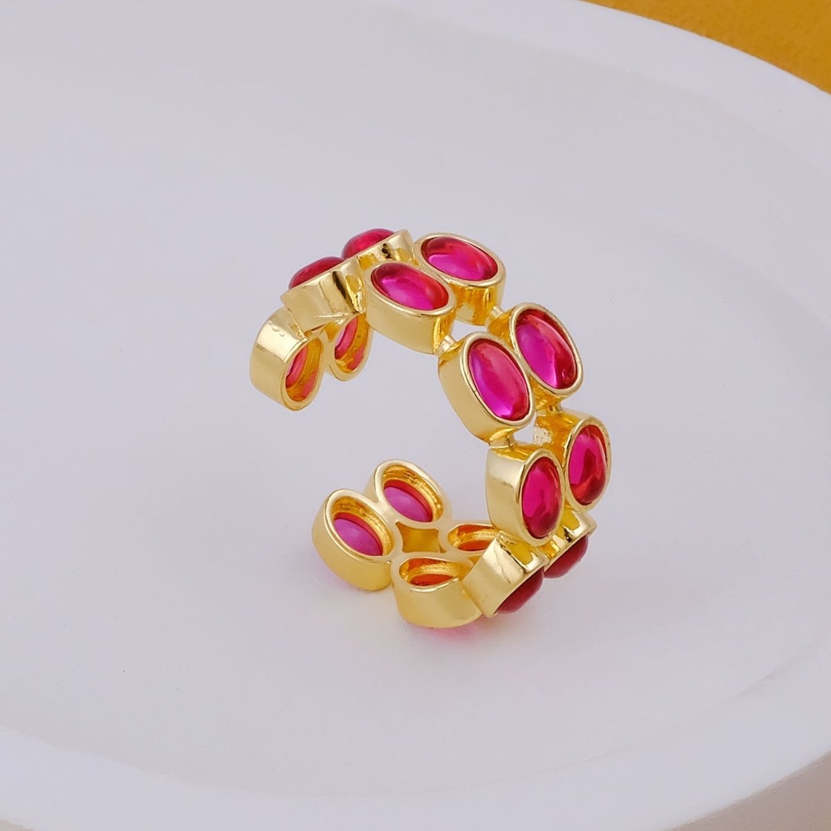 Dainty Oval Shape Pink Tourmaline Band Ring, 18K Gold Plated Adjustable Jewelry CR - 1028