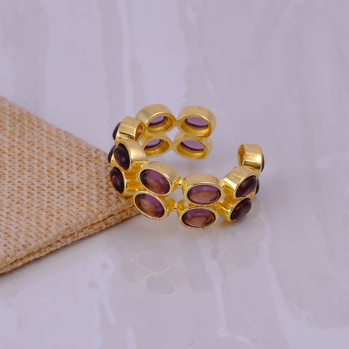 Dainty Oval Shape Pink Tourmaline Band Ring, 18K Gold Plated Adjustable Jewelry CR - 1028